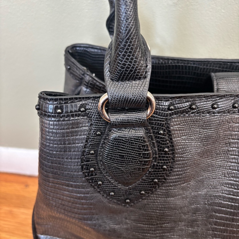 Nine West Black/Grey Textured Faux Leather Tote Handbag - Picture 2 of 15